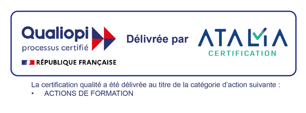 "Logo de la certification Qualiopi, symbole officiel garantissant la qualité des processus de formation professionnelle et l'accès aux financements publics comme le CPF.